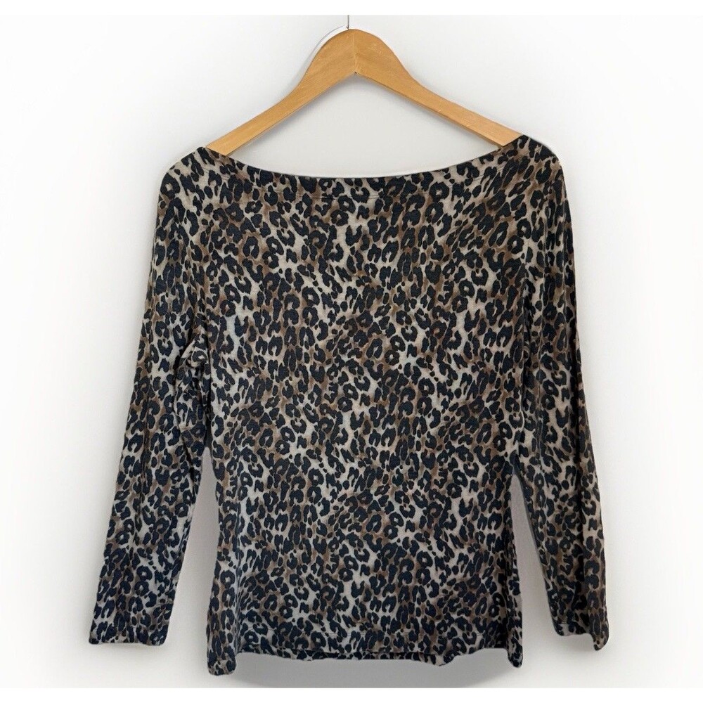 ST JOHN T Shirt Blouse Top M Leopard Print Boat Neck Rayon Spandex Comfy Stretch - Picture 2 of 10